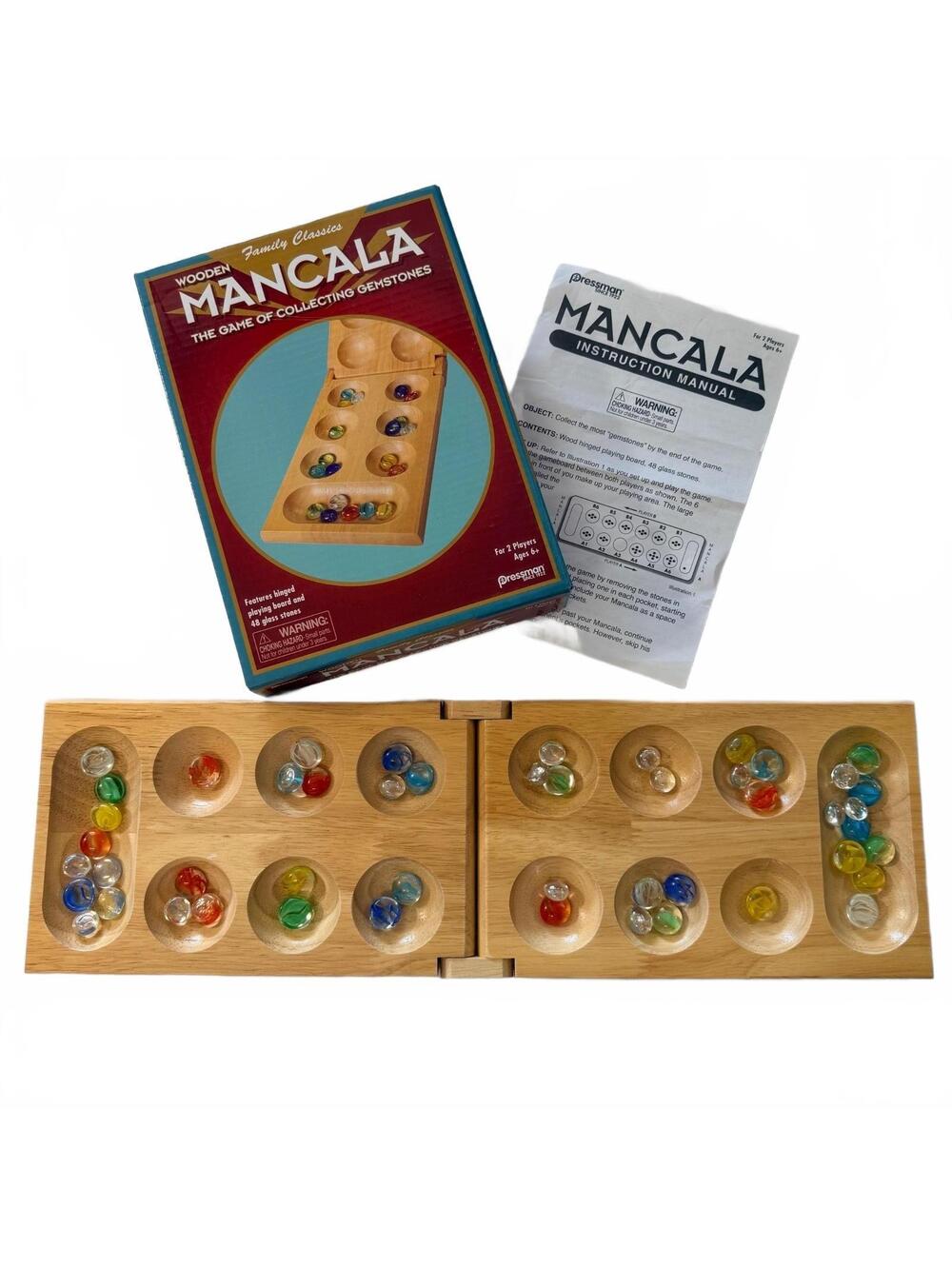 Wooden Mancala Board Game w/ Hinged Board and 48 Glass Stones Family Game Night